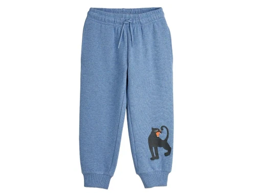 Blå sweatbukser med sort pantermotiv fra Mini Rodini 1100030060 blue melange